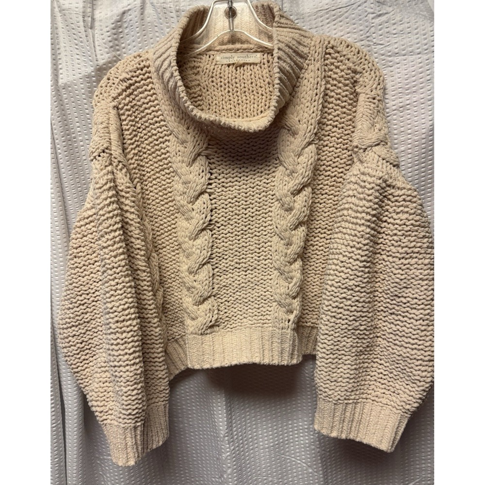 Simply Southern Cream Chunky Cable Knit Sweater Cozy Soft Cowl Neck Cropped SZ M